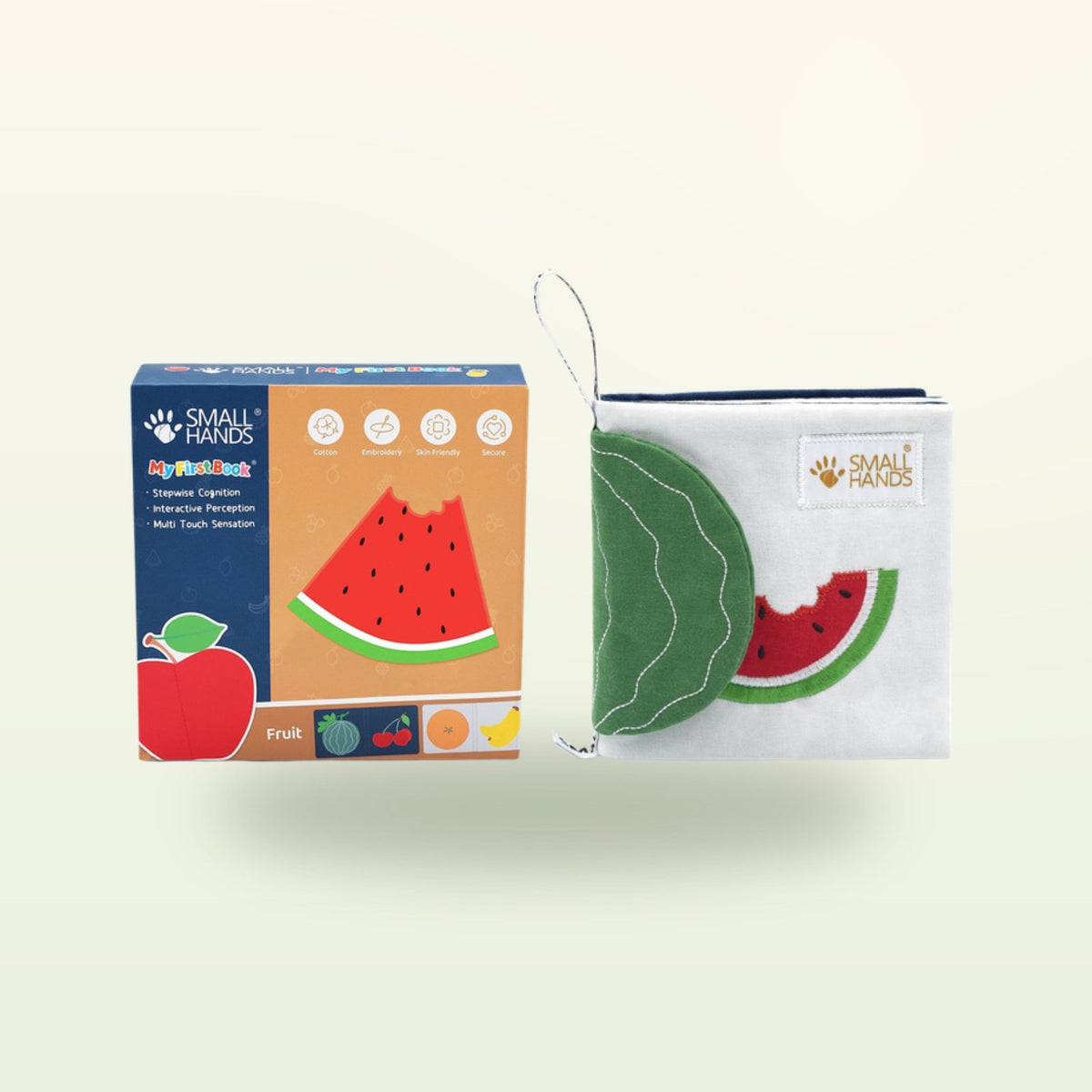Small Hands Exotic Fruits Montessori sensory book – packaging with book and watermelon on a soft cream background – from 0 months