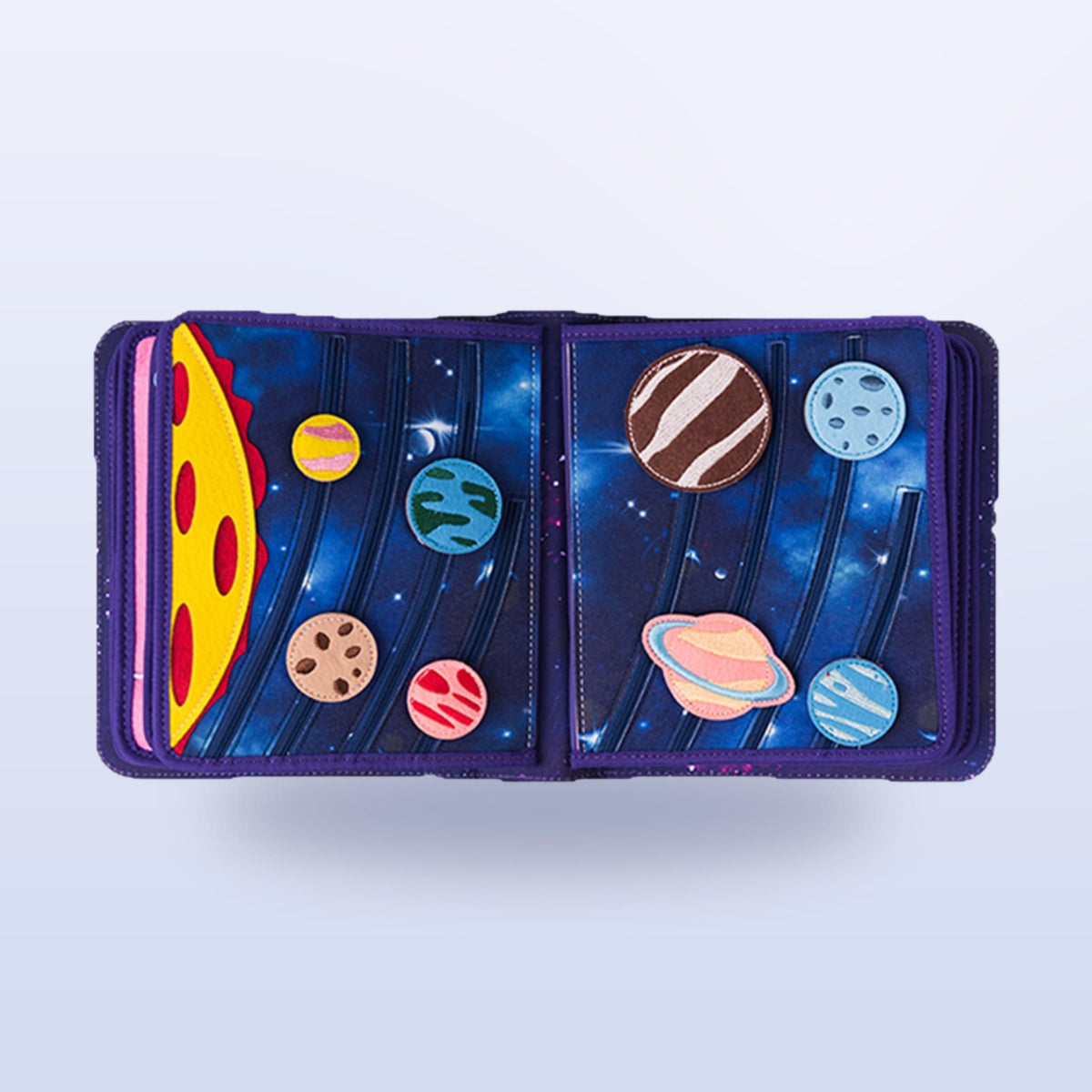 Space quiet book solar system page with the sun and all planets as felt appliques, incl. Saturn, on a soft space background – from 3 years