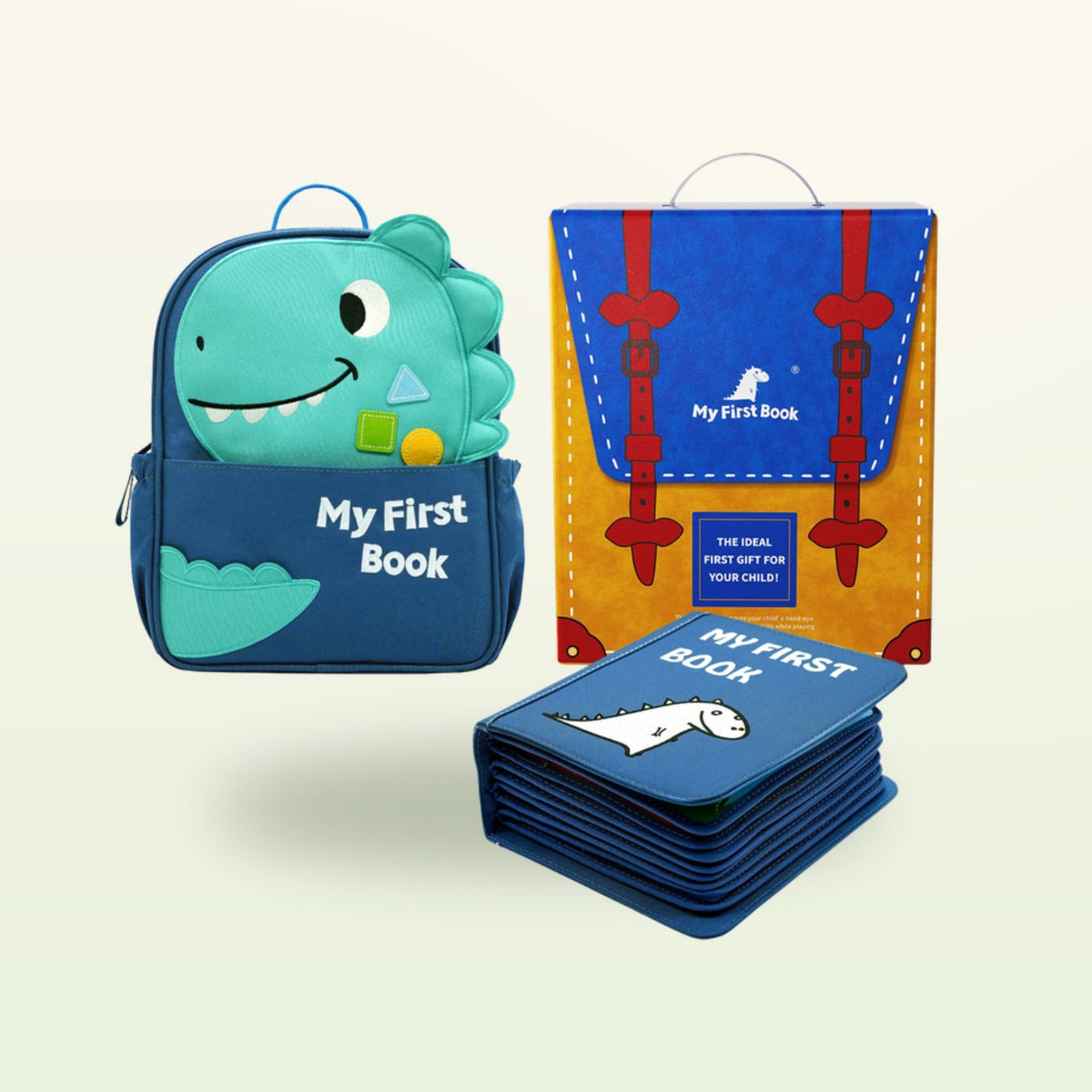 My Everyday Montessori quiet book in blue with matching blue dino backpack and gift box on a soft cream background – complete set from 1 year