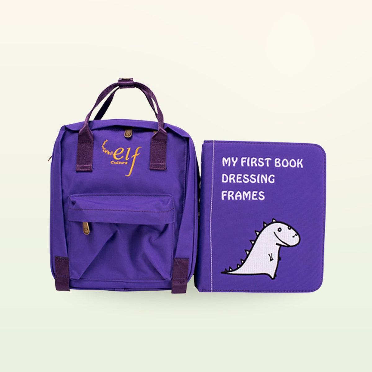 Montessori dressing book with matching lilac backpack on a soft cream background – from 3 years