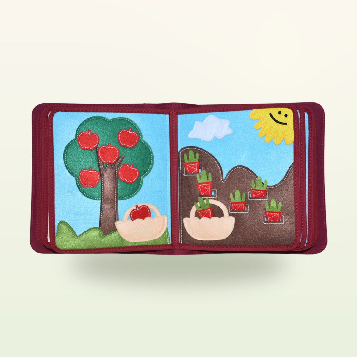 My Everyday quiet book garden double page with apple tree to pick and carrots to harvest in the bed on a soft cream background – from 1 year