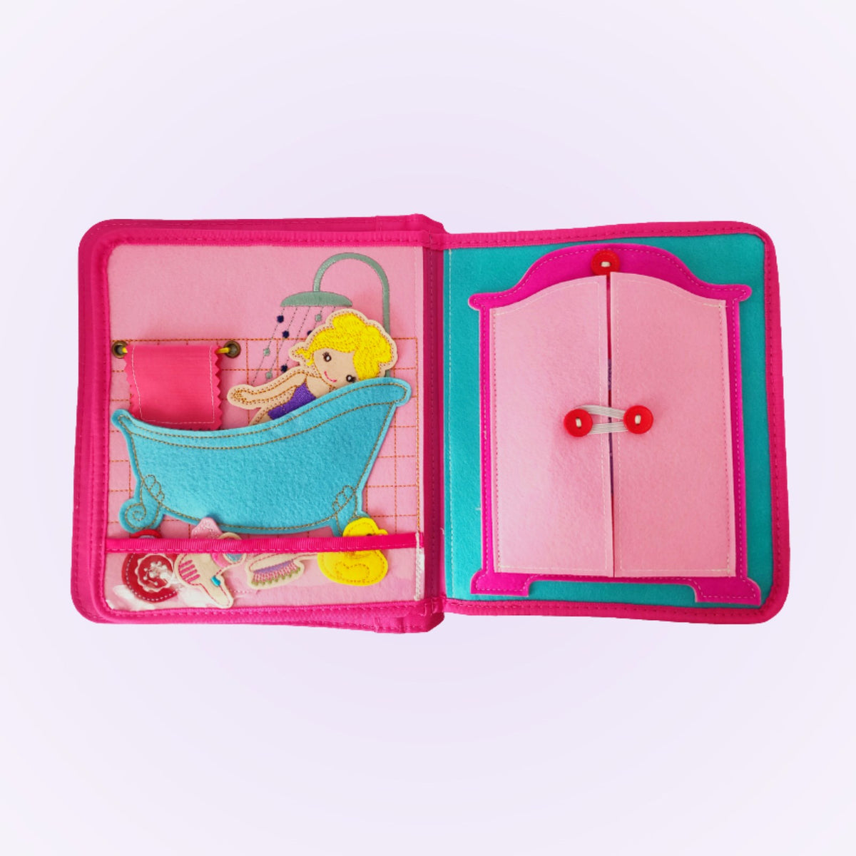 Princess quiet book double page with bathtub and wardrobe on a soft lavender background – from 3 years