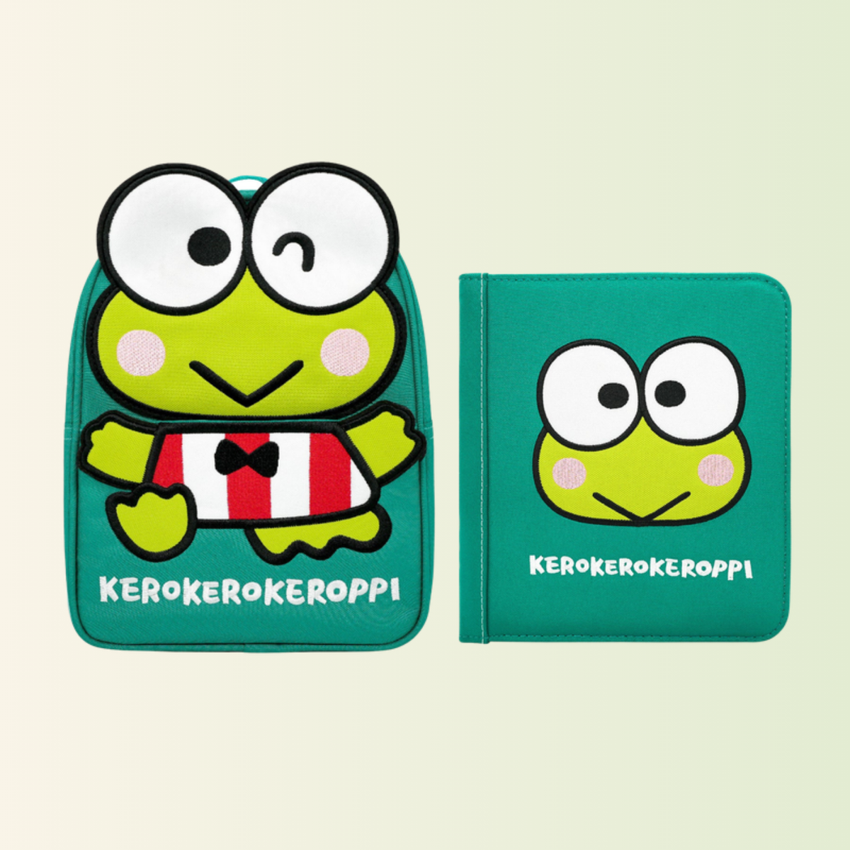 My First Book Keroppi quiet book with matching backpack, cut out on a soft meadow background
