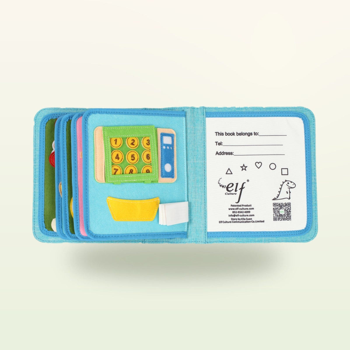 Little Foodies quiet book page with felt cash register and personalisable page on a soft cream background – from 1 year