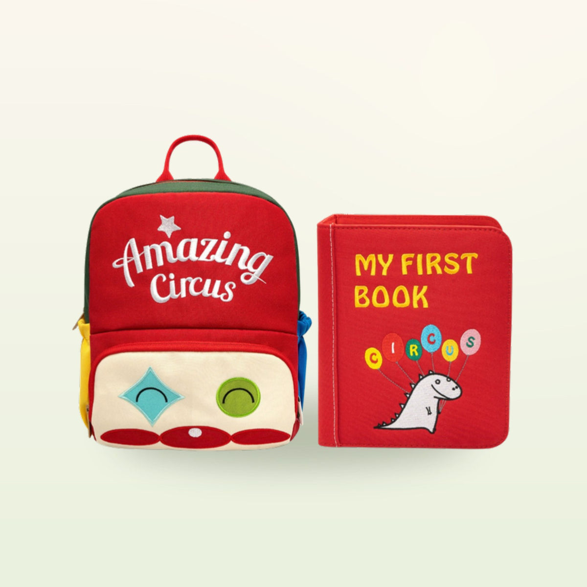 Circus Adventure quiet book with matching red Amazing Circus backpack on a soft cream background – fabric book from 3 years