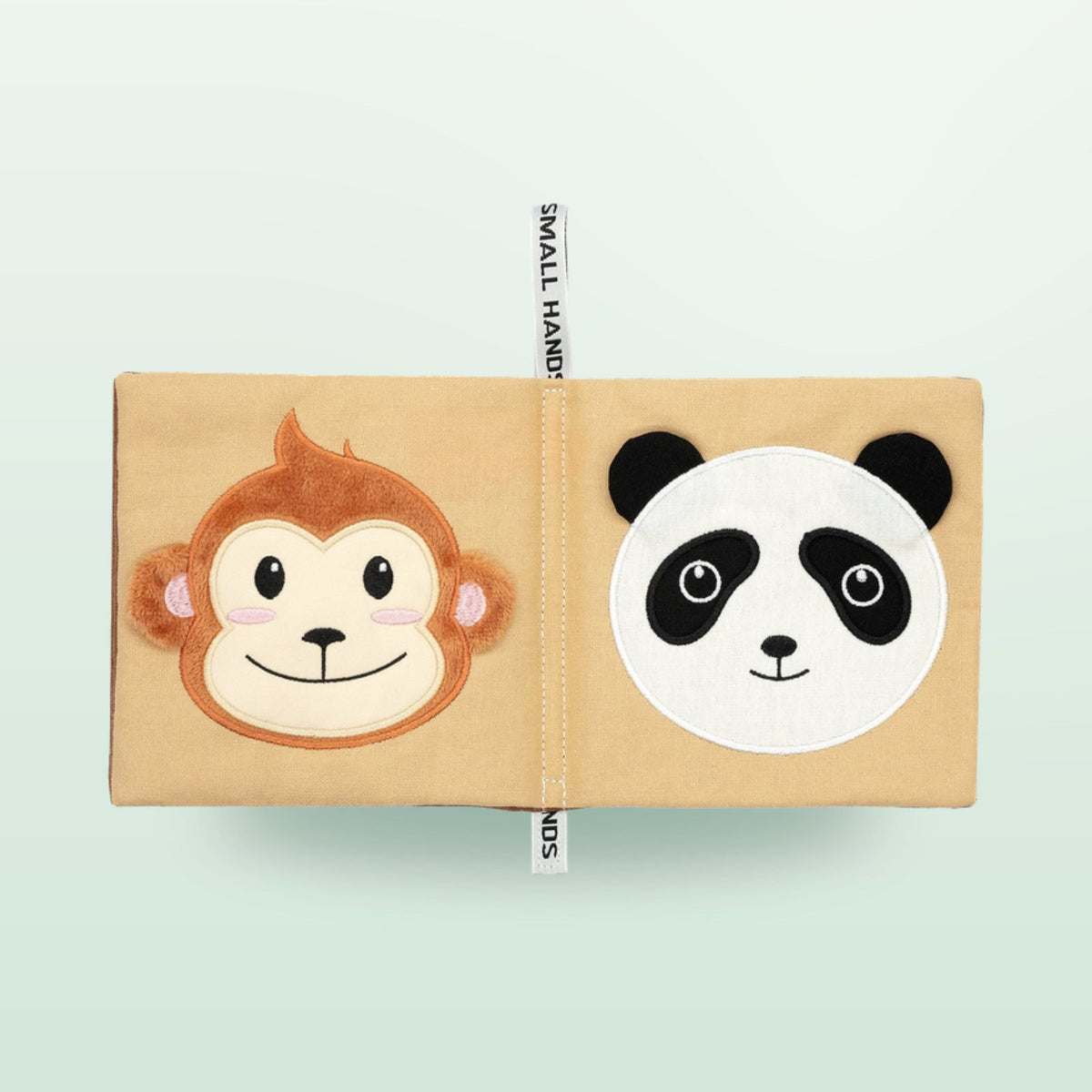 Small Hands Wild Animals sensory cloth book double page with monkey and panda on a soft forest green background – from 0 months