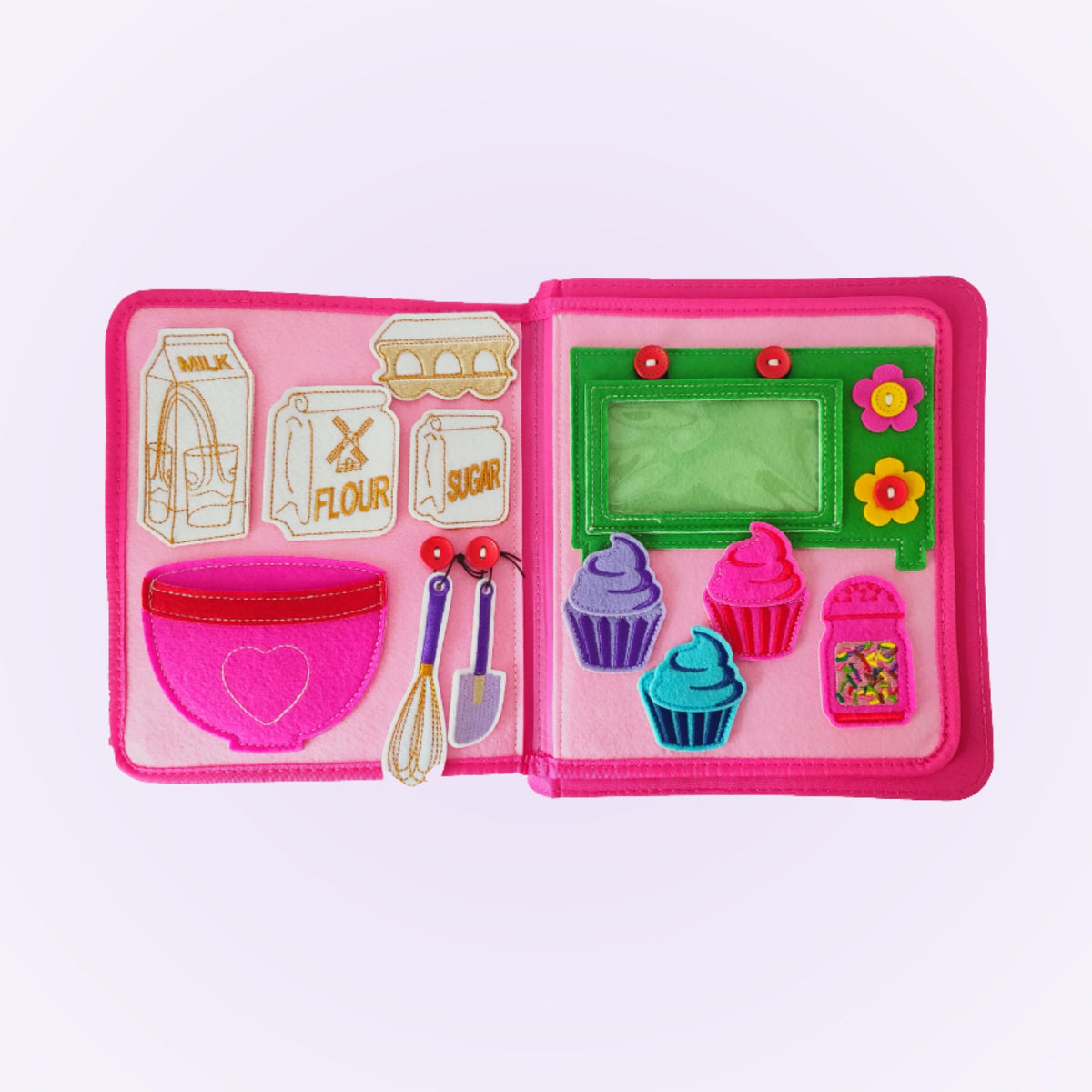 Princess quiet book double page with baking and cupcake station on a soft lavender background – from 3 years
