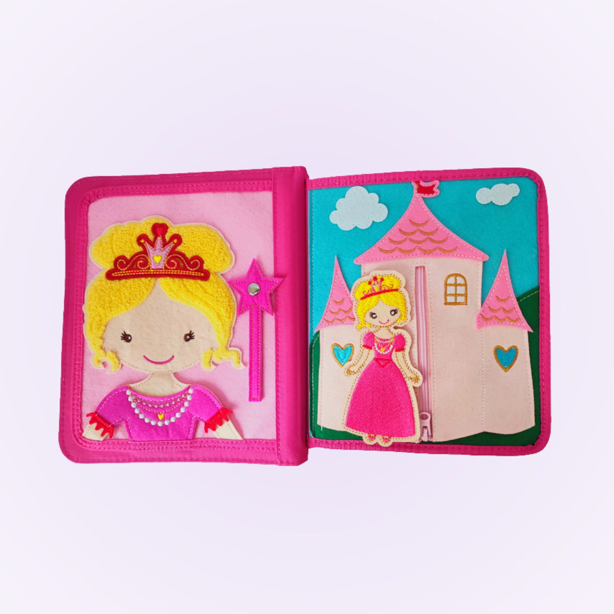 Princess quiet book double page with princess and castle on a soft lavender background – from 3 years