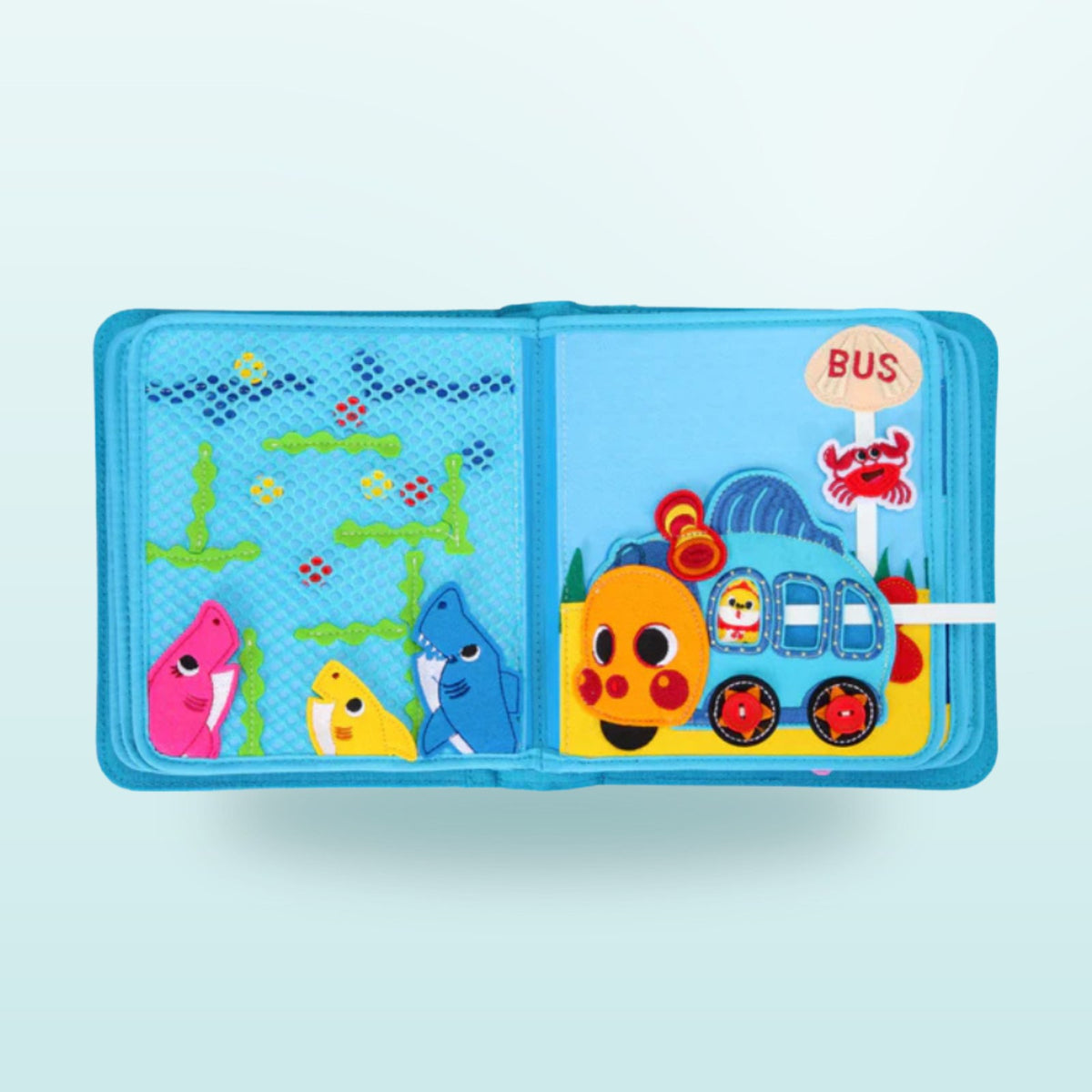 Baby Shark quiet book double page with bead maze and Pinkfong bus on a soft sea background – strengthens hand muscles from 3 years