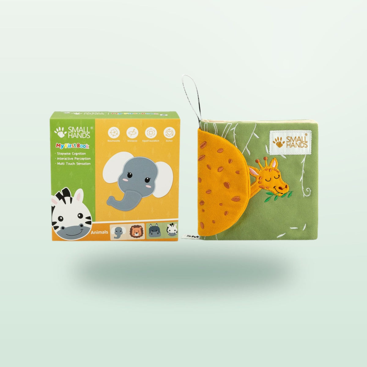 Small Hands Animals of Africa Montessori cloth book with packaging on a soft forest green background – from 0 months