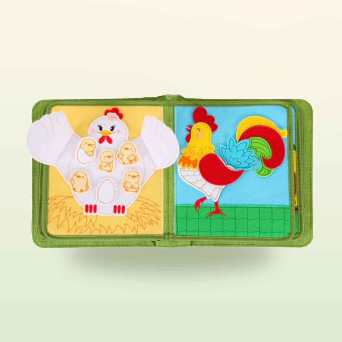 Farm quiet book page: the hen lifts her wings over her chicks for counting, next to her a colourful rooster – on a soft meadow background