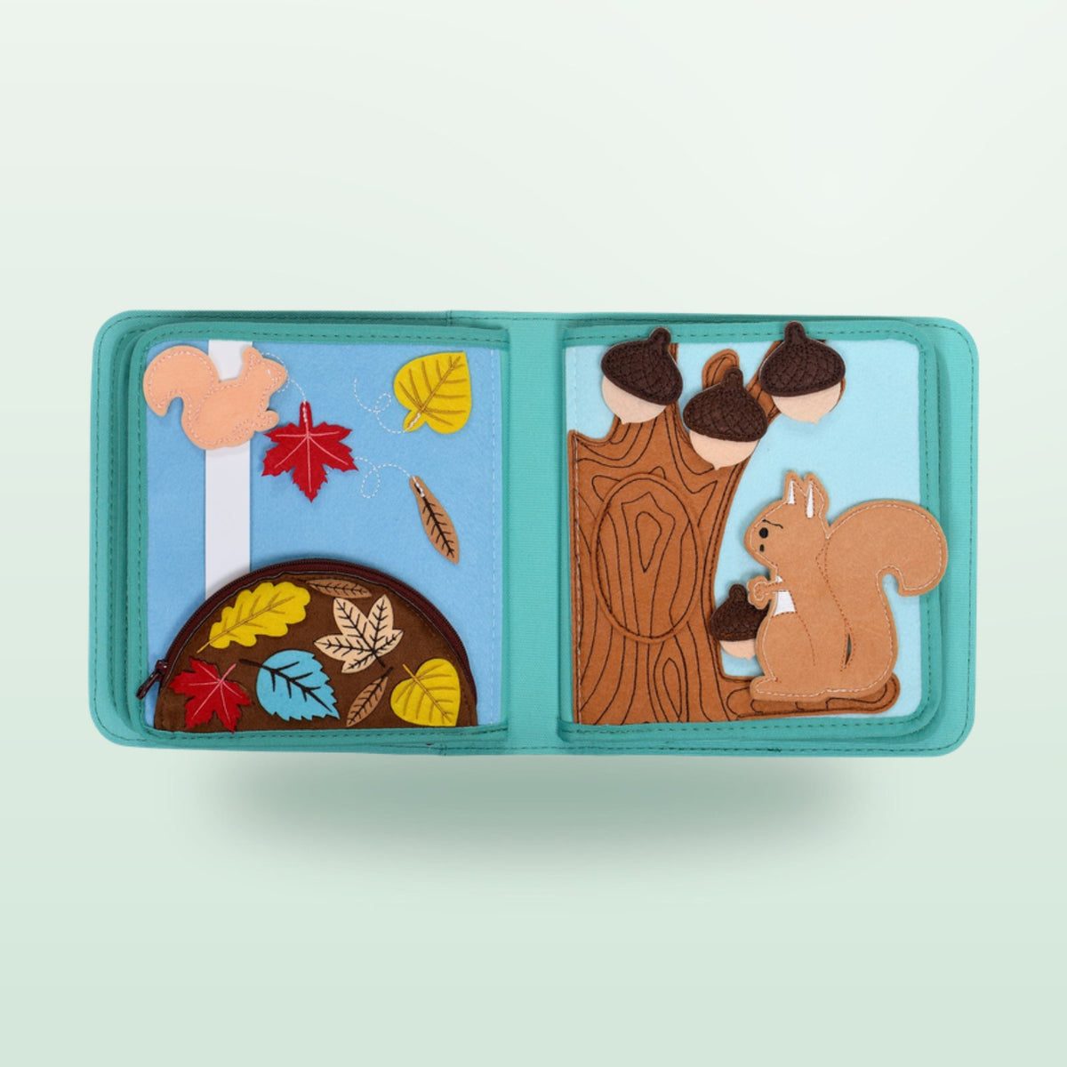 Nordic Forest quiet book page with squirrel, acorns and leaf sorting on a soft forest background – from 1 year