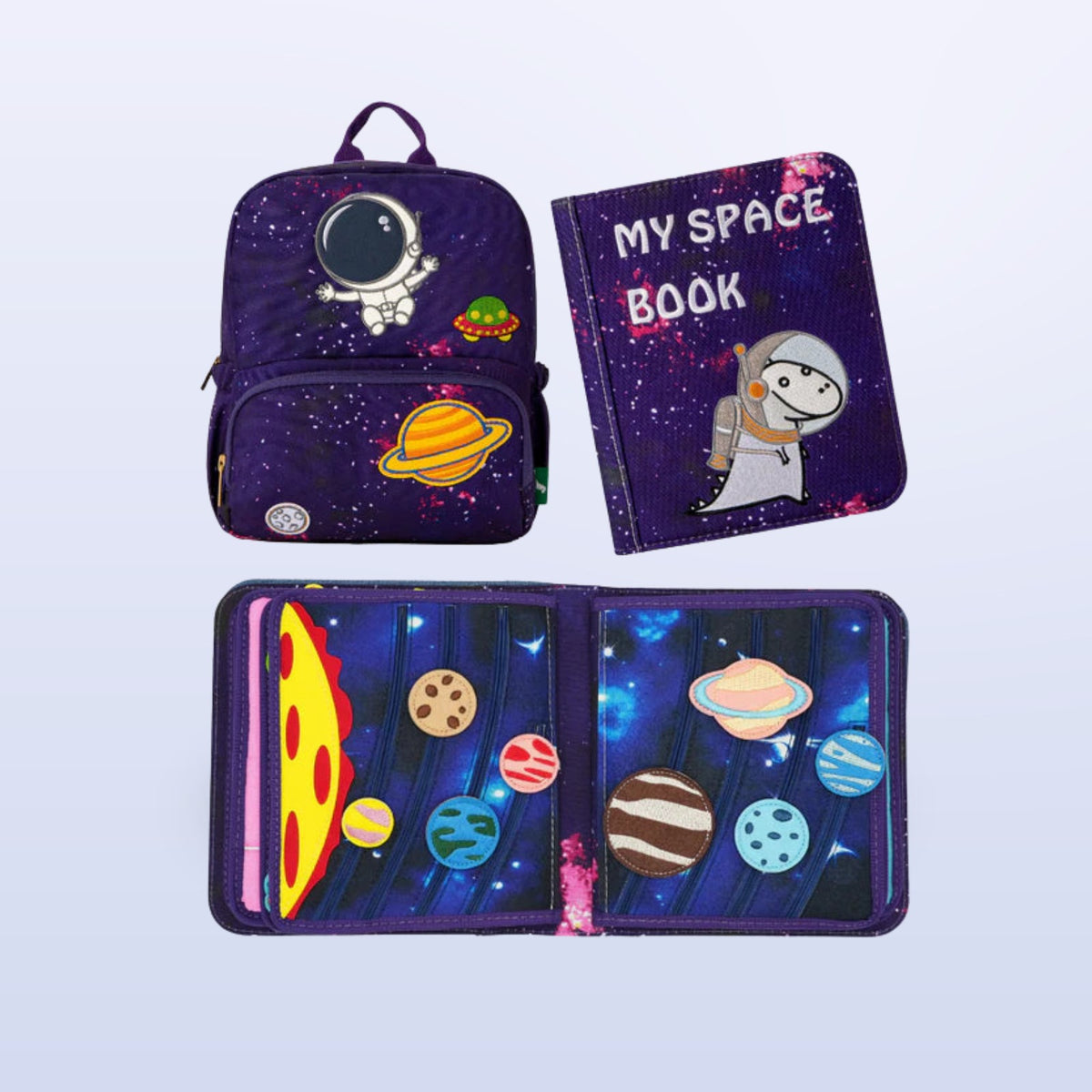 Space Montessori quiet book with purple galaxy backpack and the solar system page open on a soft space background – complete set from 3 years