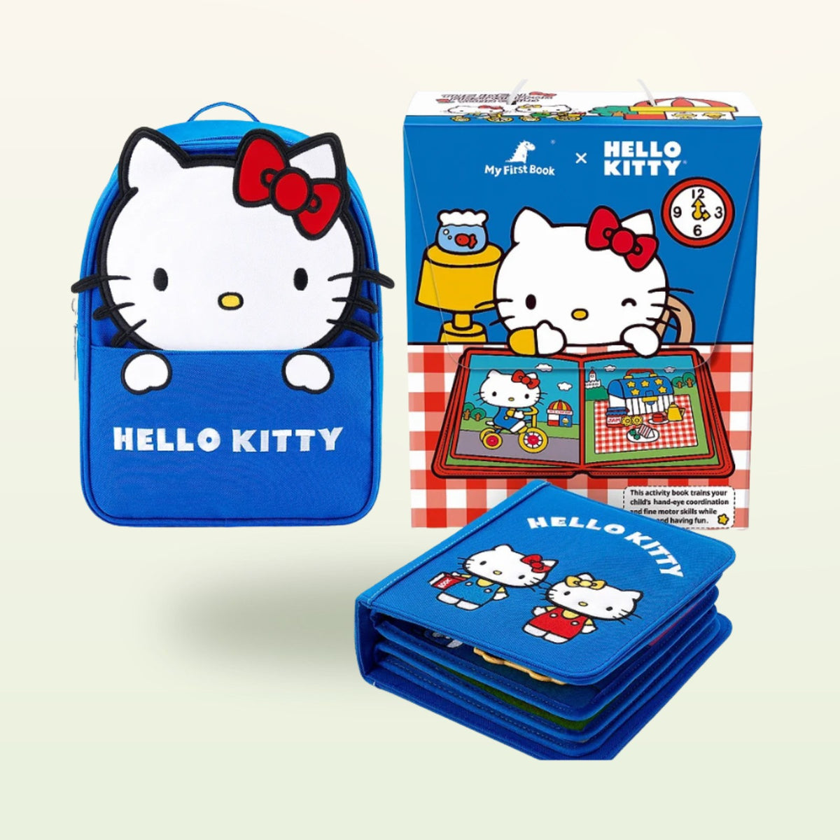 Hello Kitty quiet book in blue gift set with box on a soft cream background – from 1 year