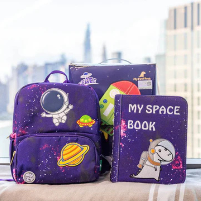 Space quiet book set with purple galaxy backpack, -My Space Book- felt book and packaging – complete gift set from 3 years