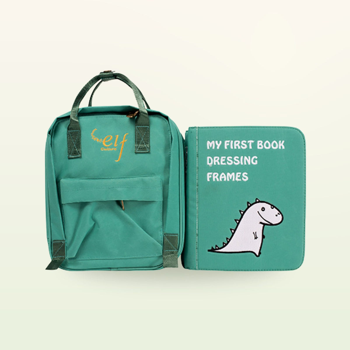 Montessori dressing book with matching green backpack on a soft cream background – from 3 years