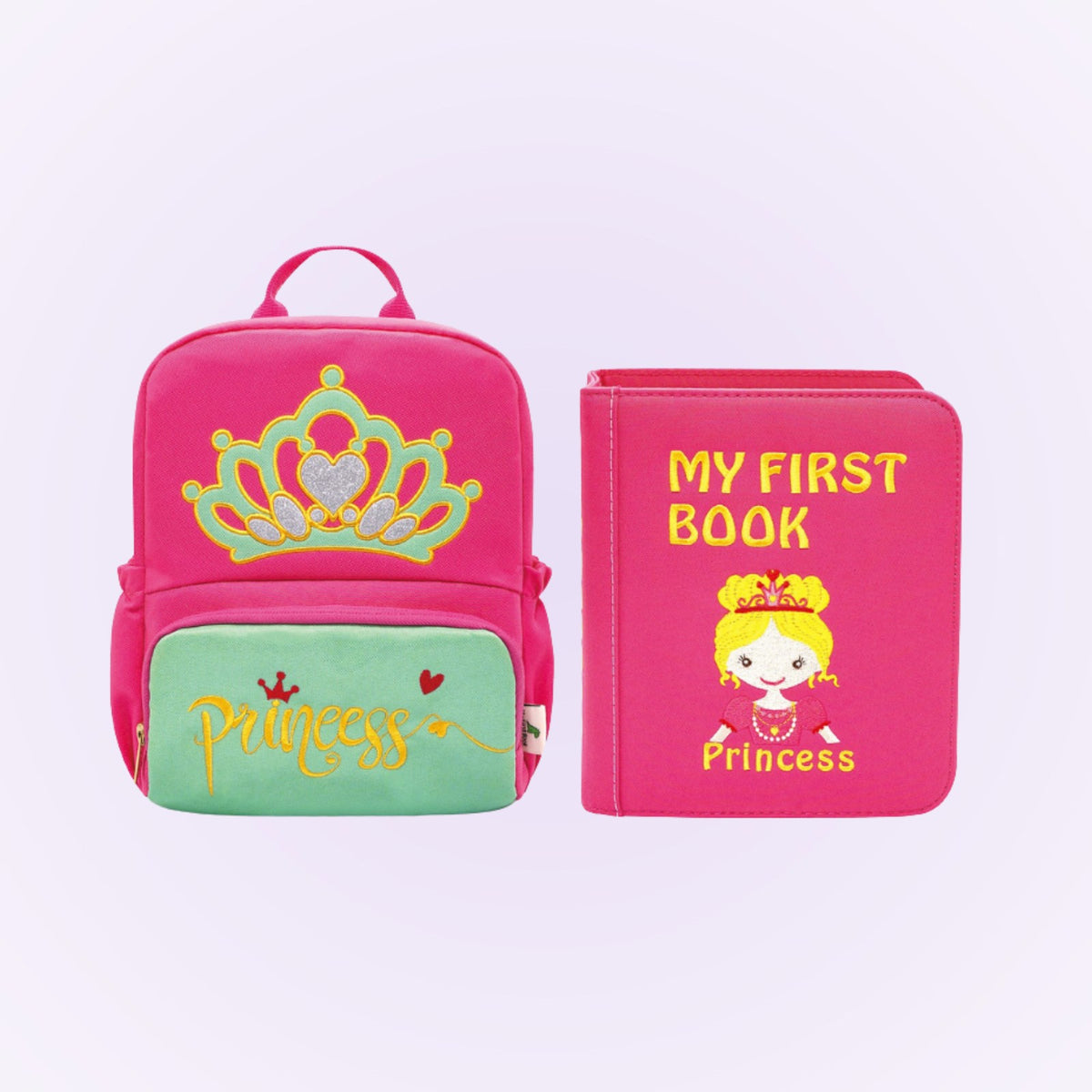 Princess quiet book with pink backpack on a soft lavender background – from 3 years
