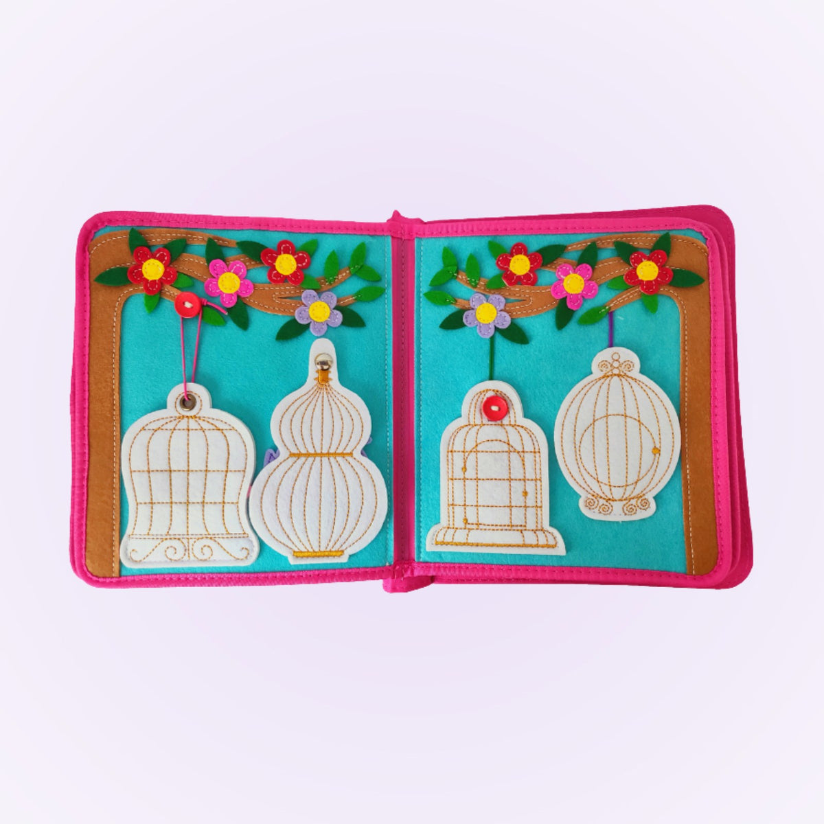 Princess quiet book double page with bird cages on a soft lavender background – from 3 years