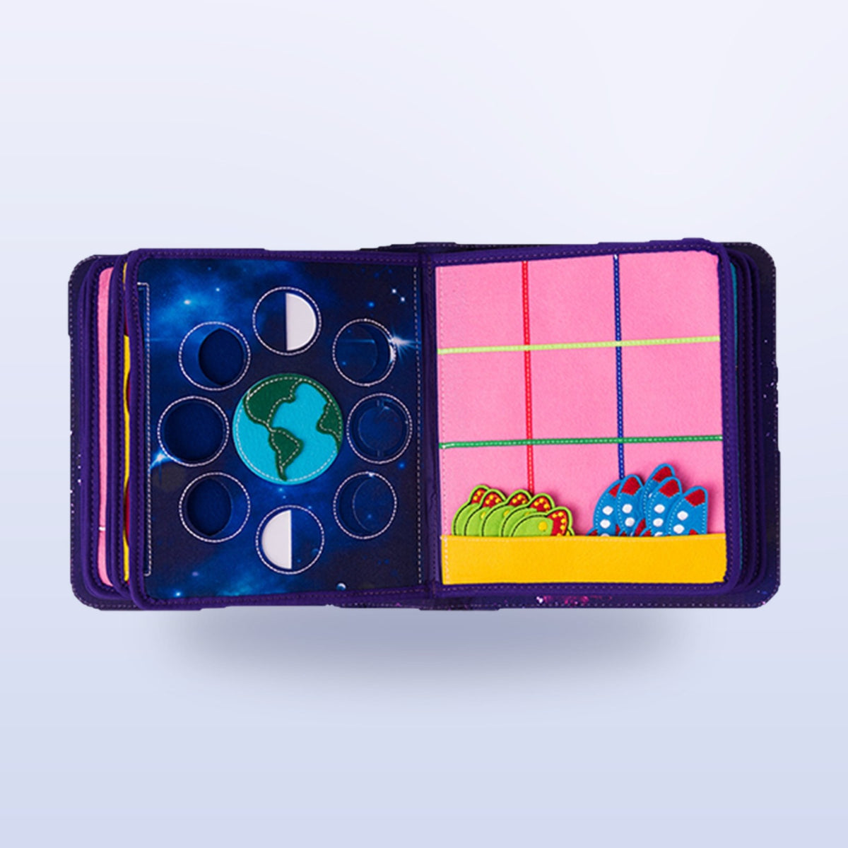 Space quiet book page with moon phases around the Earth and sorting grid with rockets in a felt pocket on a soft space background – from 3 years