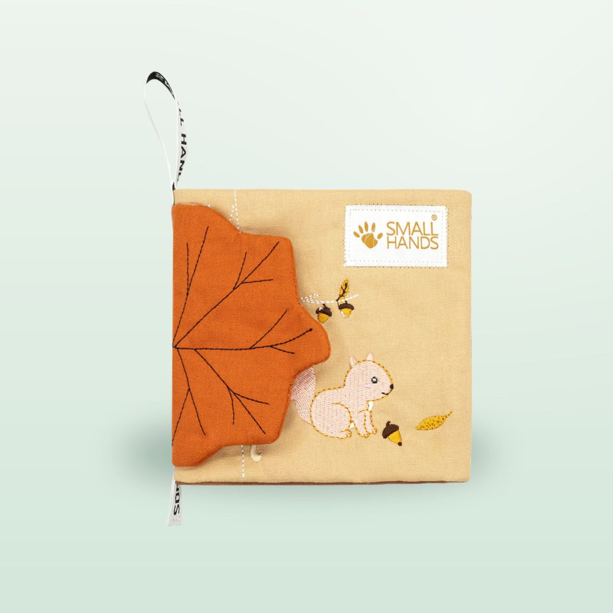 Small Hands Wild Animals sensory cloth book closed cover with squirrel on a soft forest green background – from 0 months