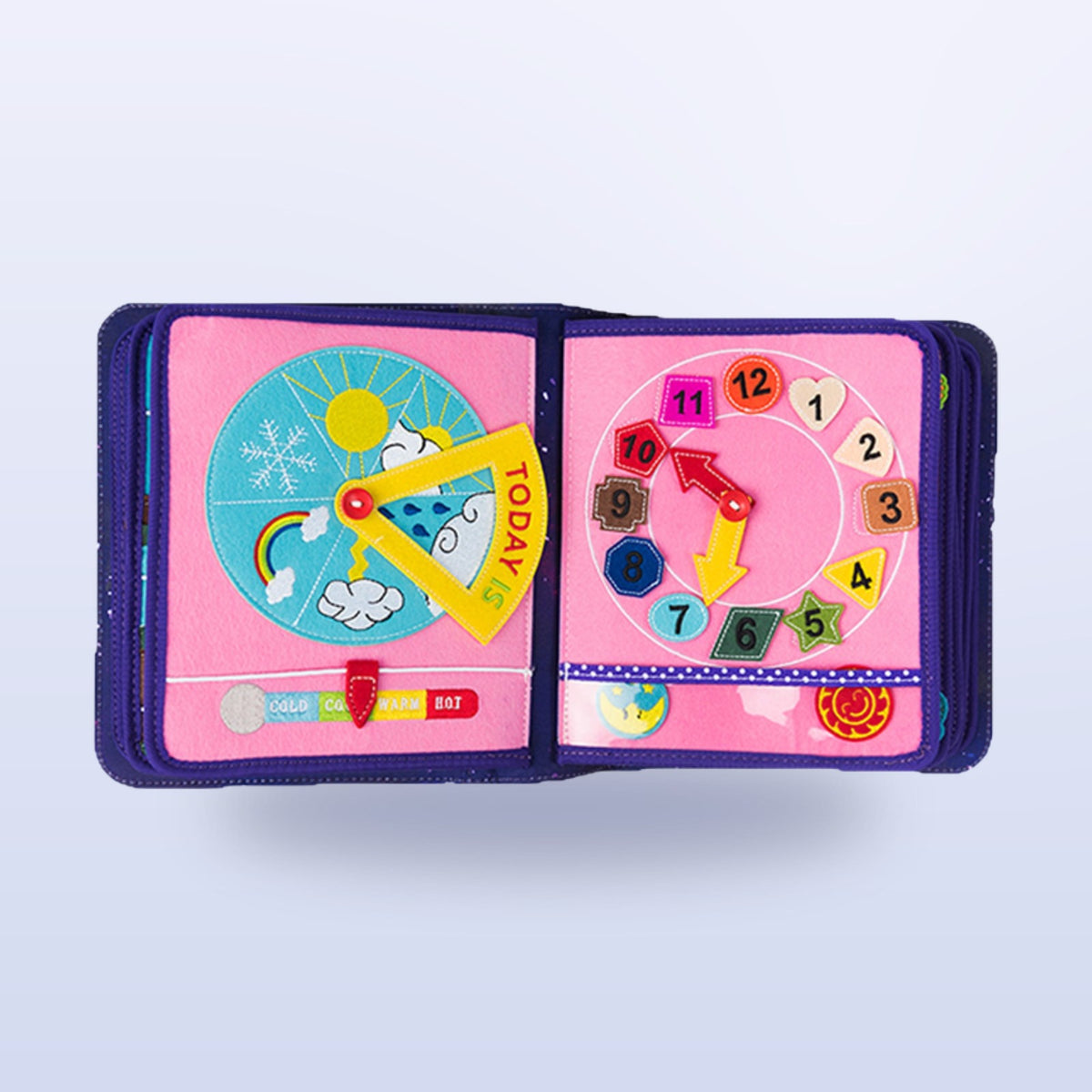 Space quiet book learning page with rotating weather wheel and felt clock for learning to tell the time on a soft space background – from 3 years