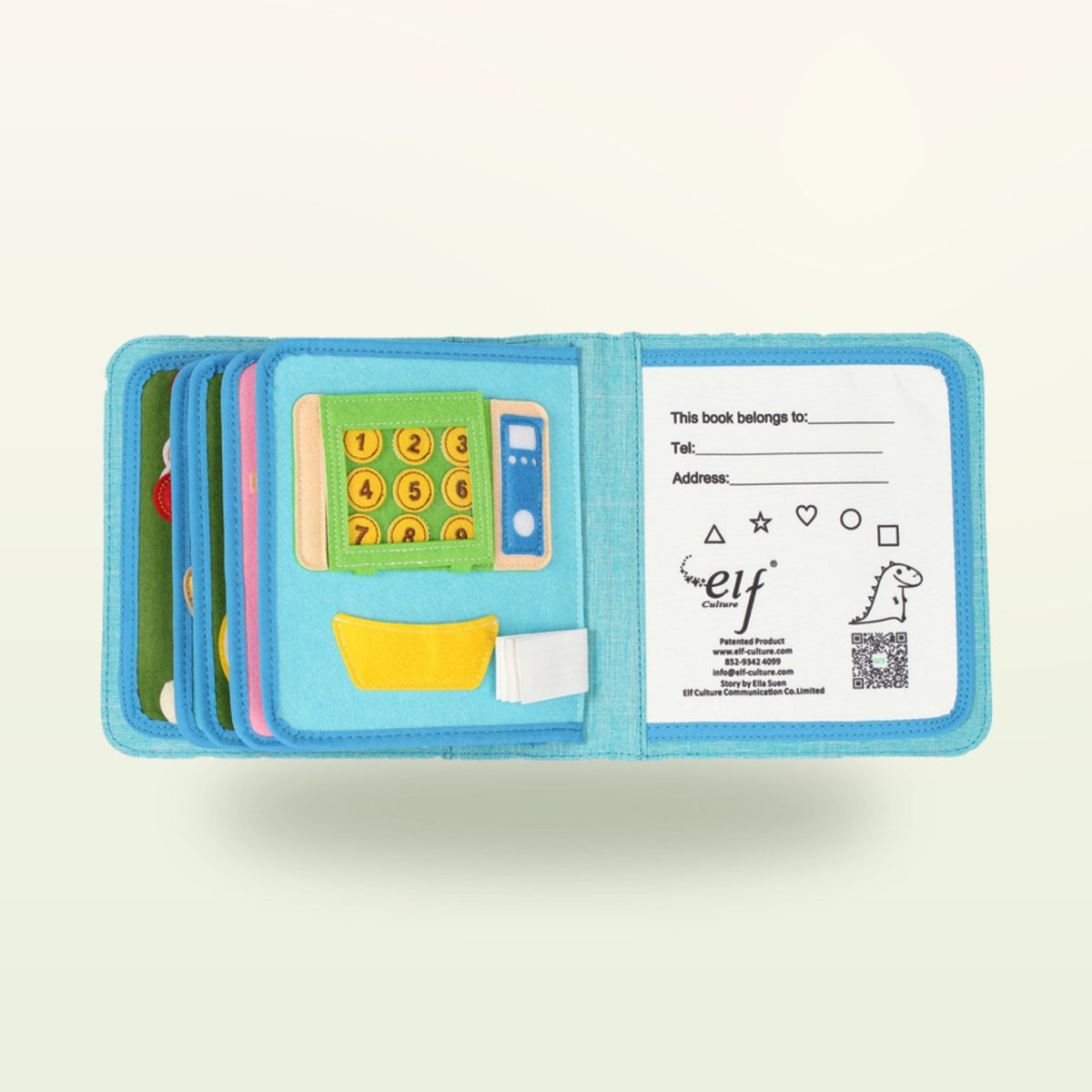 Little Foodies quiet book page with felt cash register and personalisable page on a soft cream background – from 1 year