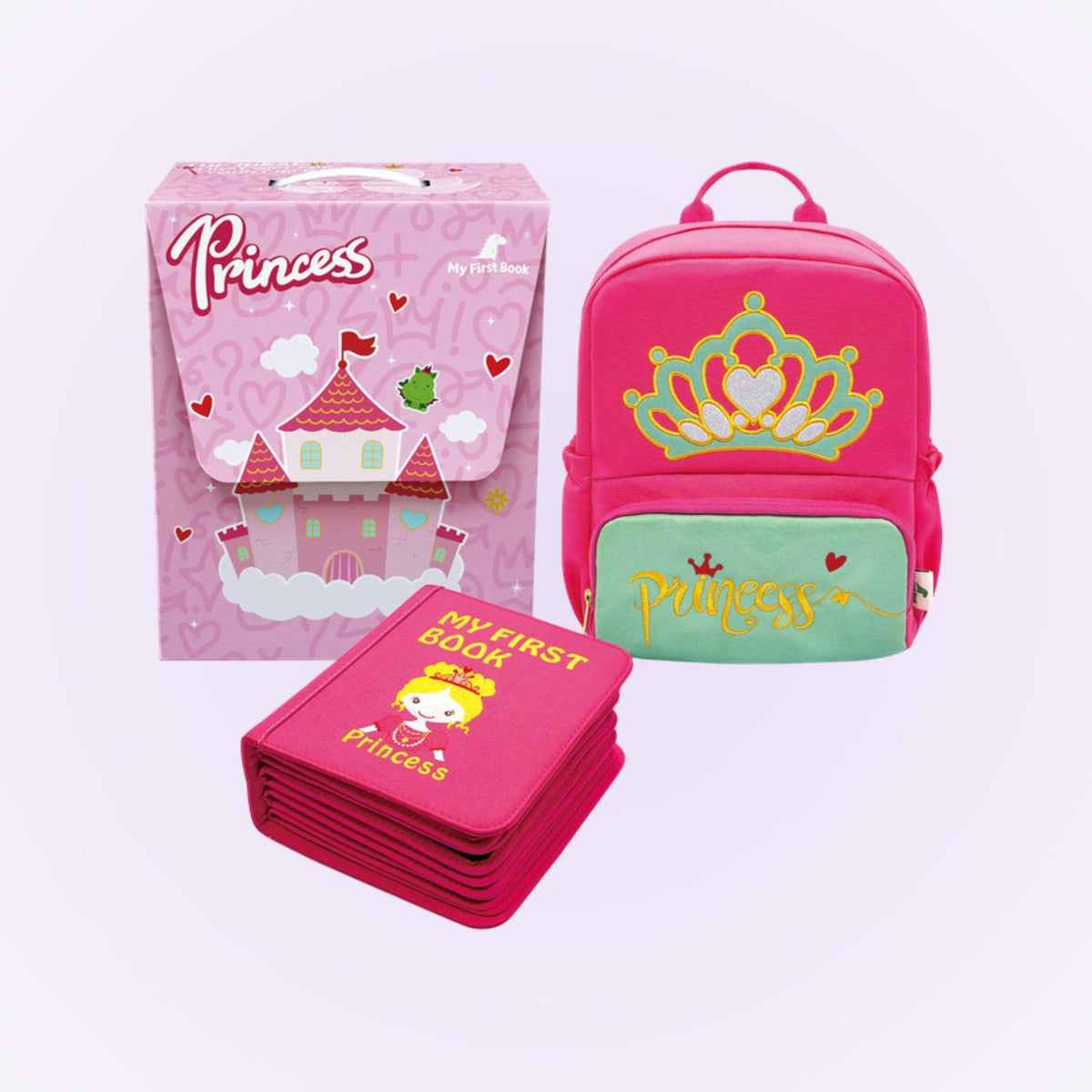 Princess gift set with box, backpack and book on a soft lavender background – from 3 years