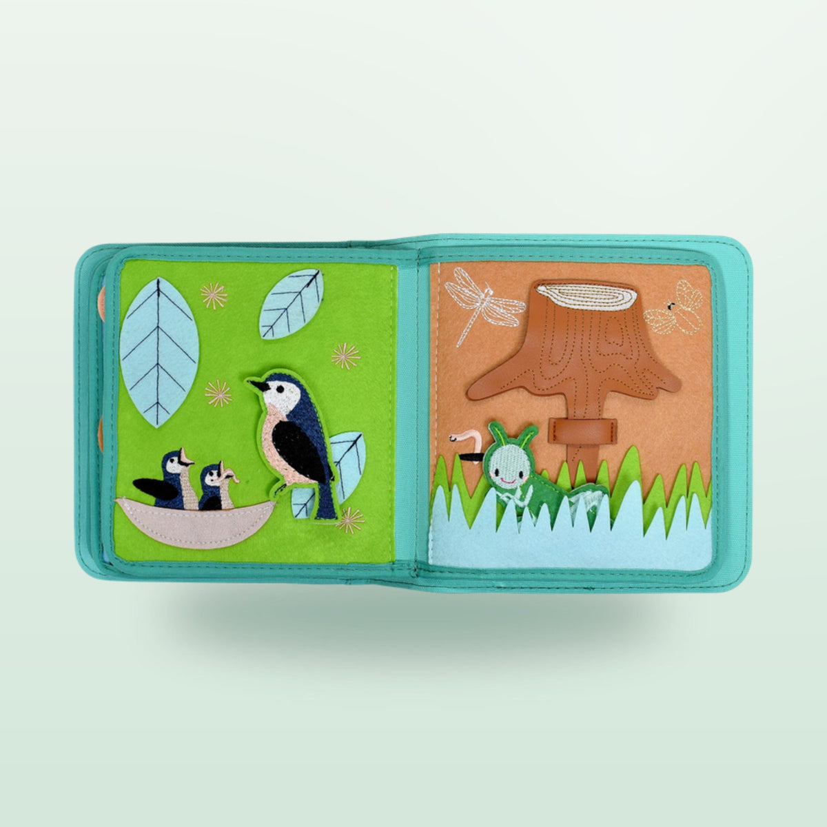 Nordic Forest quiet book page with birds in the nest and tree stump with dragonfly on a soft forest background – from 1 year