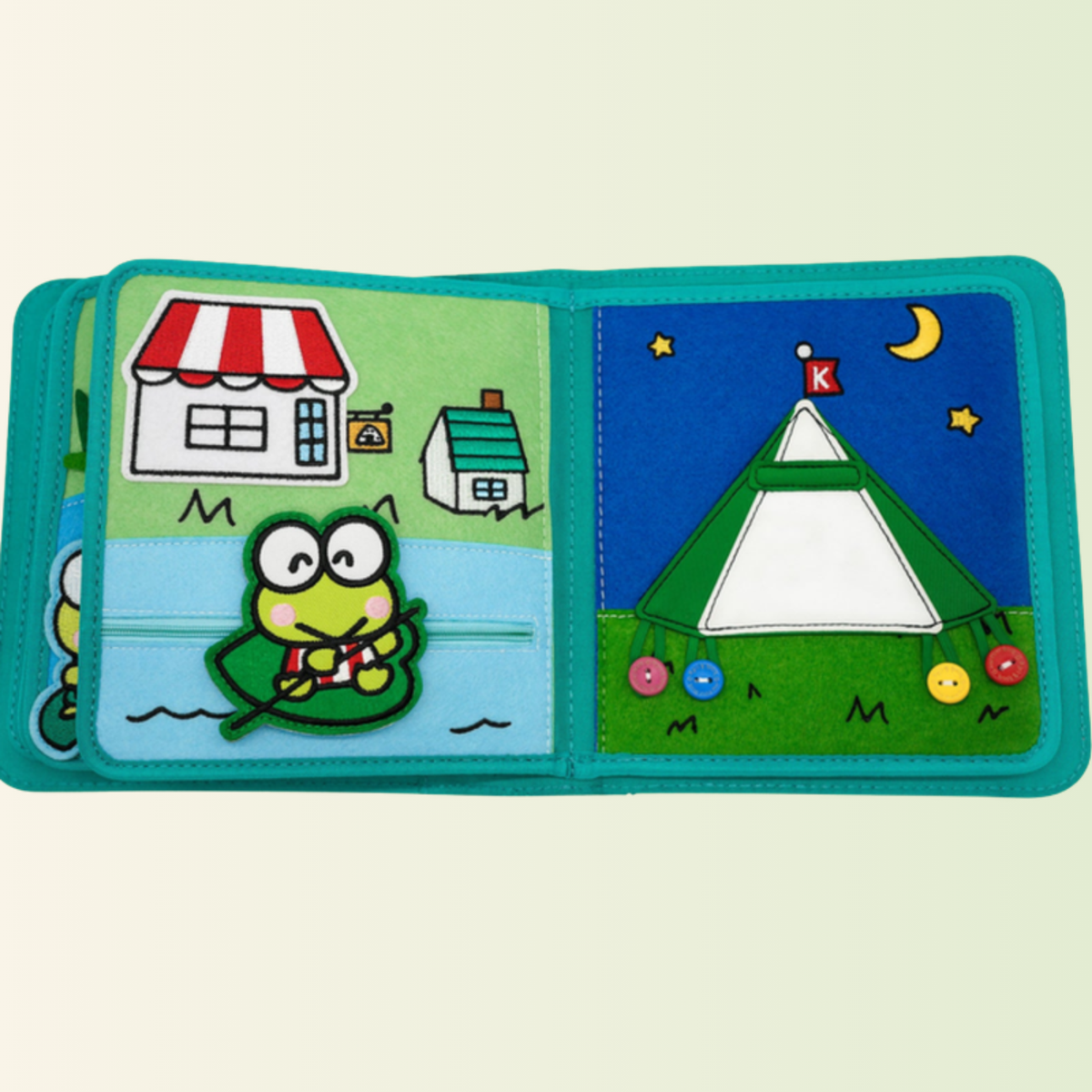 Keroppi quiet book – village and camping under the starry sky, cut out on a soft meadow background
