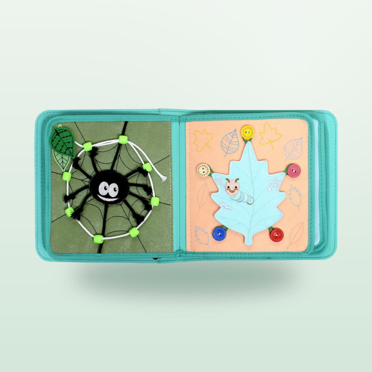 Nordic Forest quiet book page with spider web and beads to thread plus leaf scene on a soft forest background – from 1 year