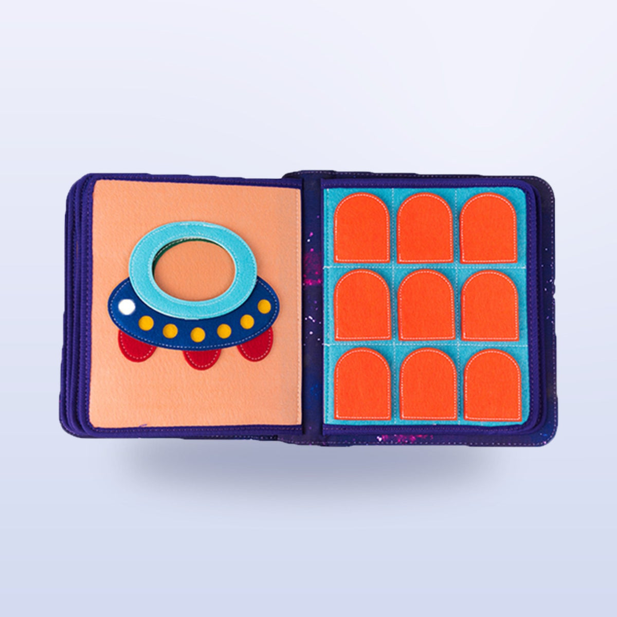 Space quiet book page with felt UFO and mirror plus hook-and-loop windows to open on a soft space background – from 3 years