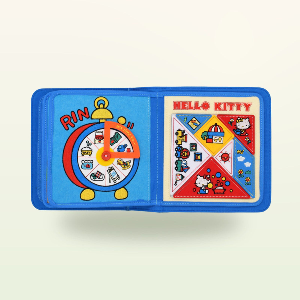 Hello Kitty quiet book felt clock and puzzle double page on a soft cream background – from 1 year