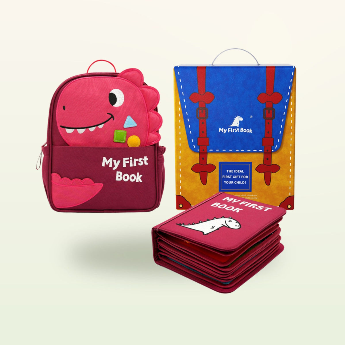 My Everyday red Montessori quiet book with matching red dino backpack and gift box on a soft cream background – complete set from 1 year