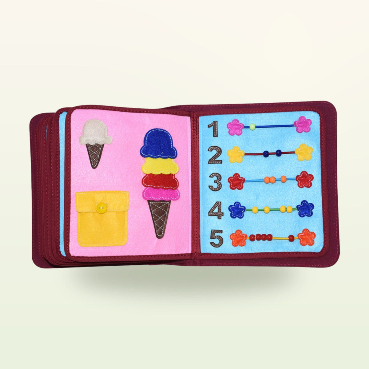 My Everyday quiet book counting double page with numbers 1 to 5, beads to slide and ice cream cones to stack on a soft cream background – from 1 year
