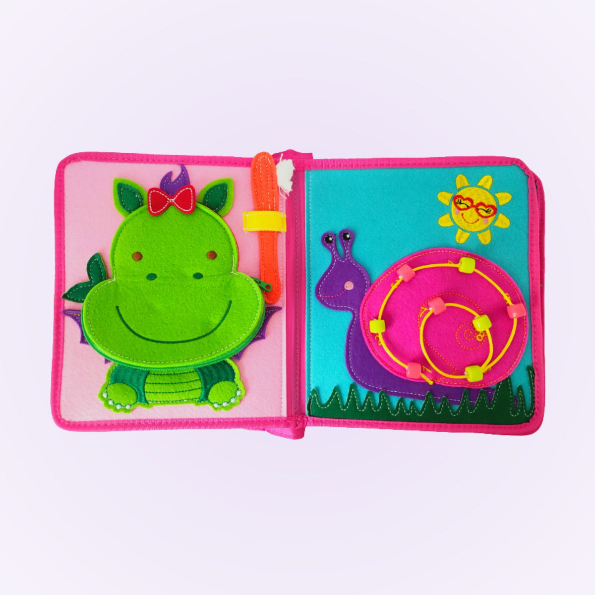 Princess quiet book double page with dragon and snail bead maze on a soft lavender background – from 3 years