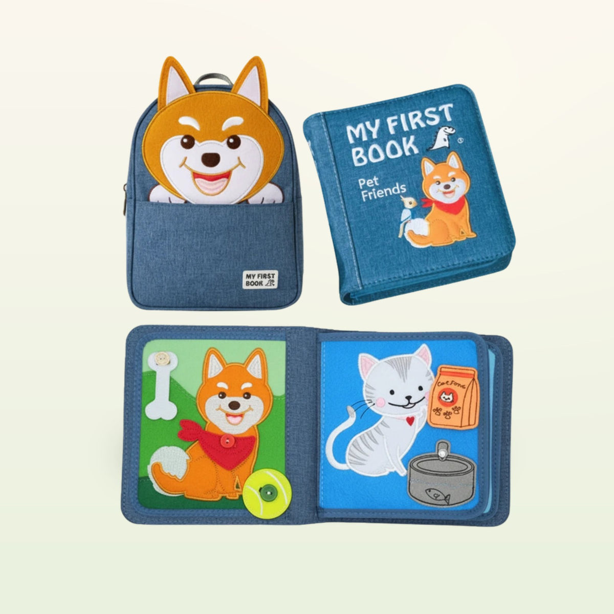 My First Book Pet Friends quiet book set on a soft cream background – from 1 year