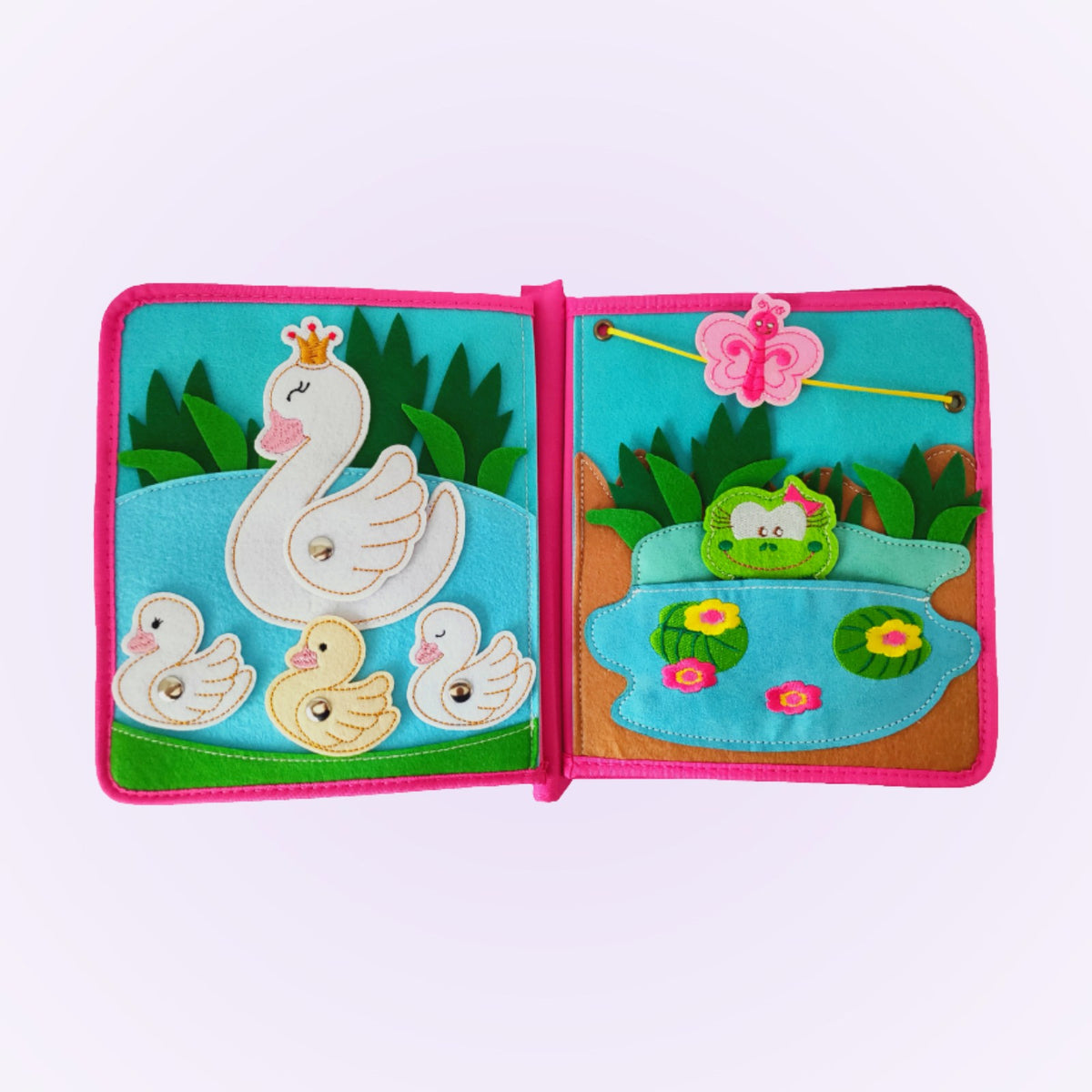 Princess quiet book double page with swan family at the pond on a soft lavender background – from 3 years