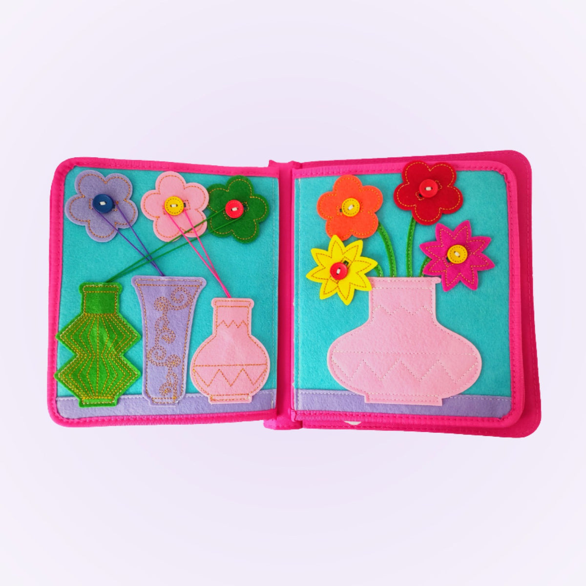 Princess quiet book double page with flower vases to match on a soft lavender background – from 3 years
