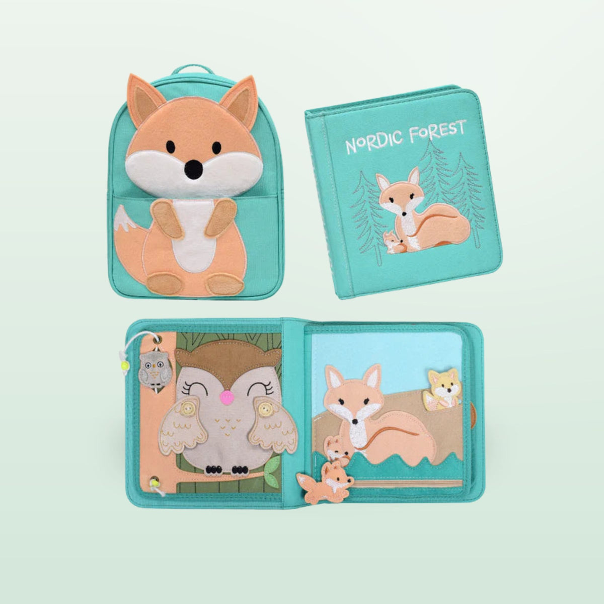 Nordic Forest Montessori quiet book with fox backpack and open felt pages on a soft forest background – complete set from 1 year