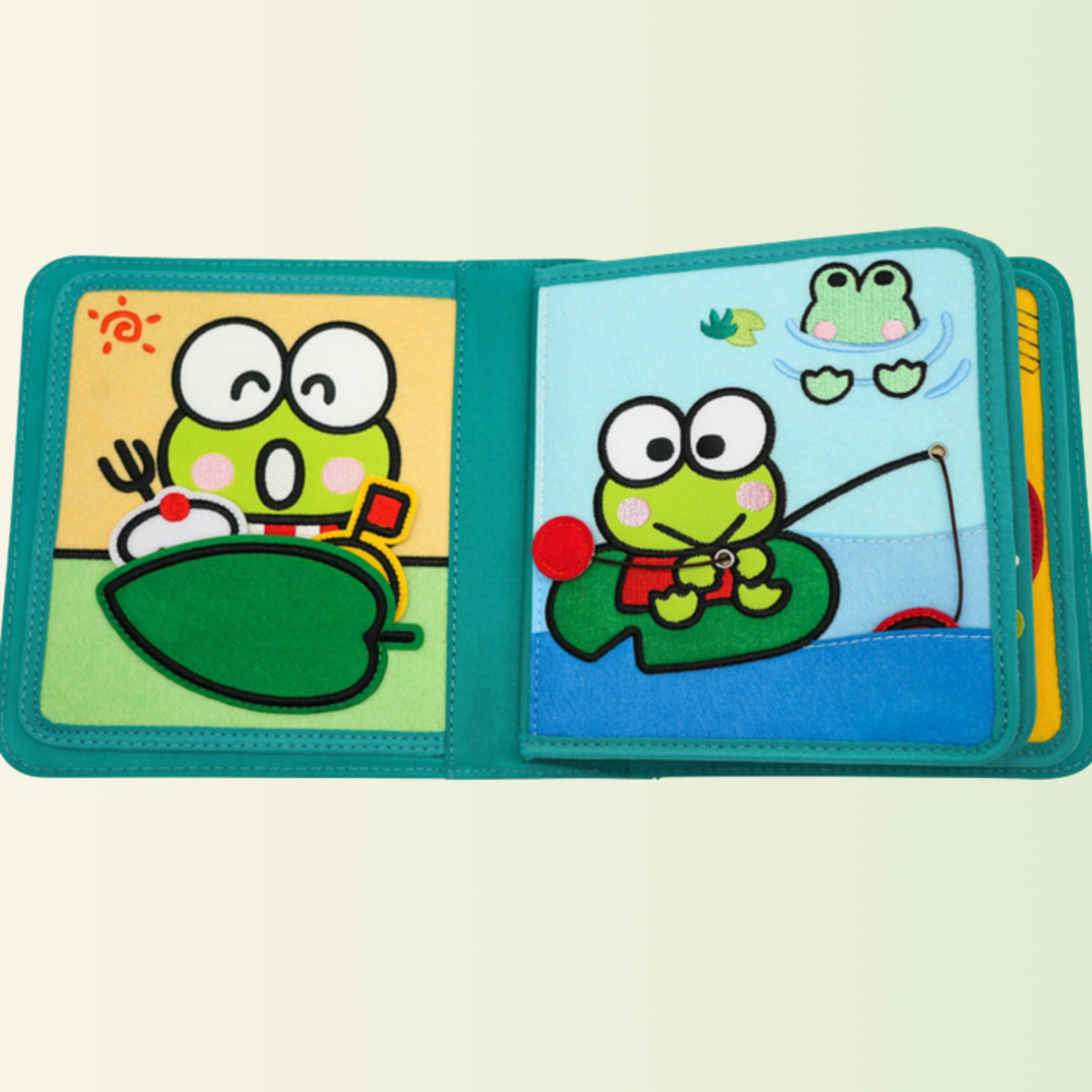 Keroppi quiet book – fishing and cooking by the pond, cut out on a soft meadow background
