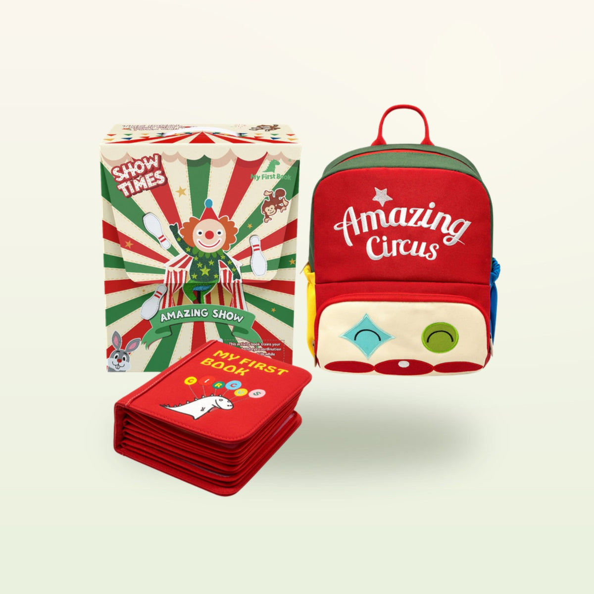 Circus Adventure Montessori quiet book with matching Amazing Circus backpack and Showtime gift box on a soft cream background – complete set from 3 years