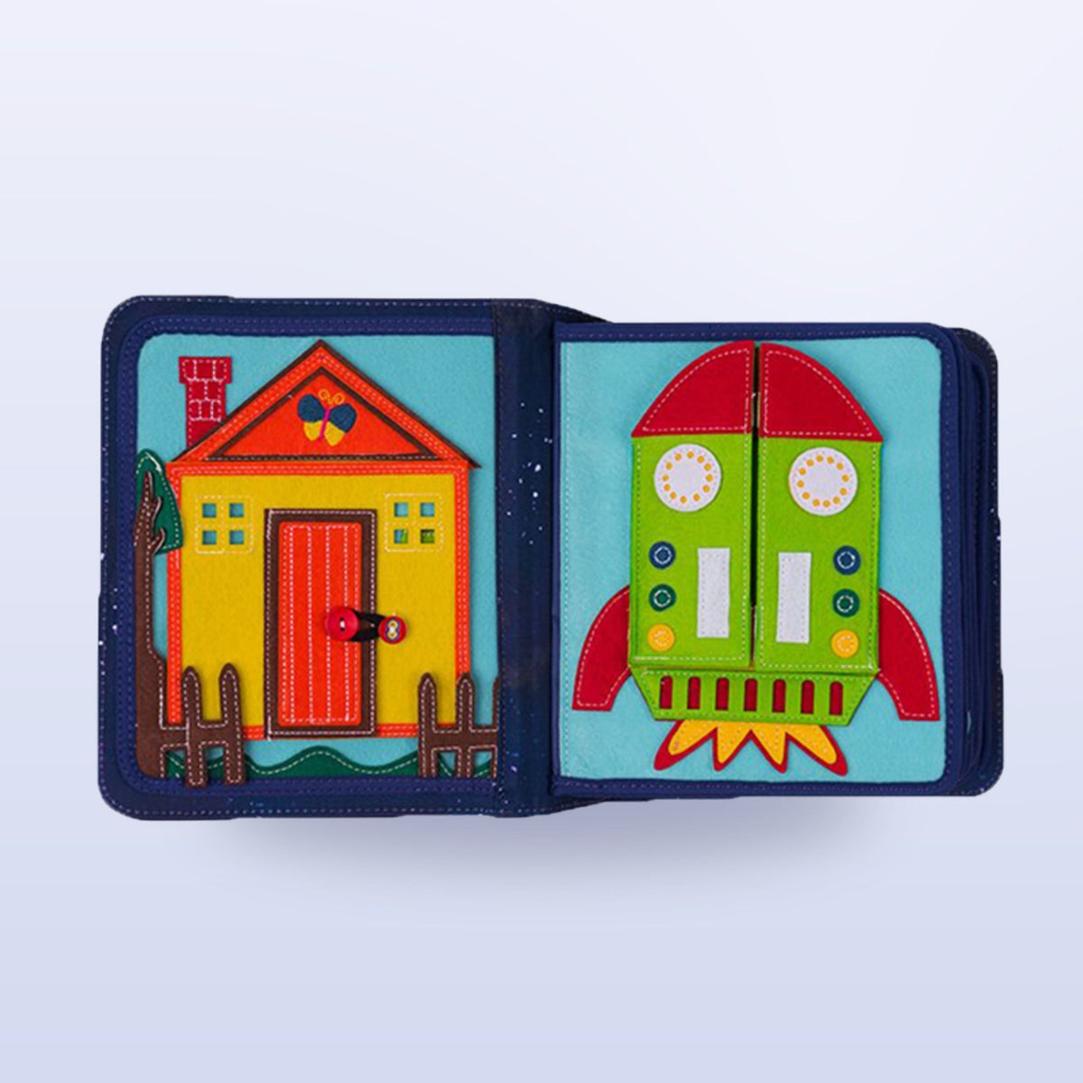Space quiet book page with unbuttonable front door and green rocket with buttoned hatches on a soft space background – from 3 years