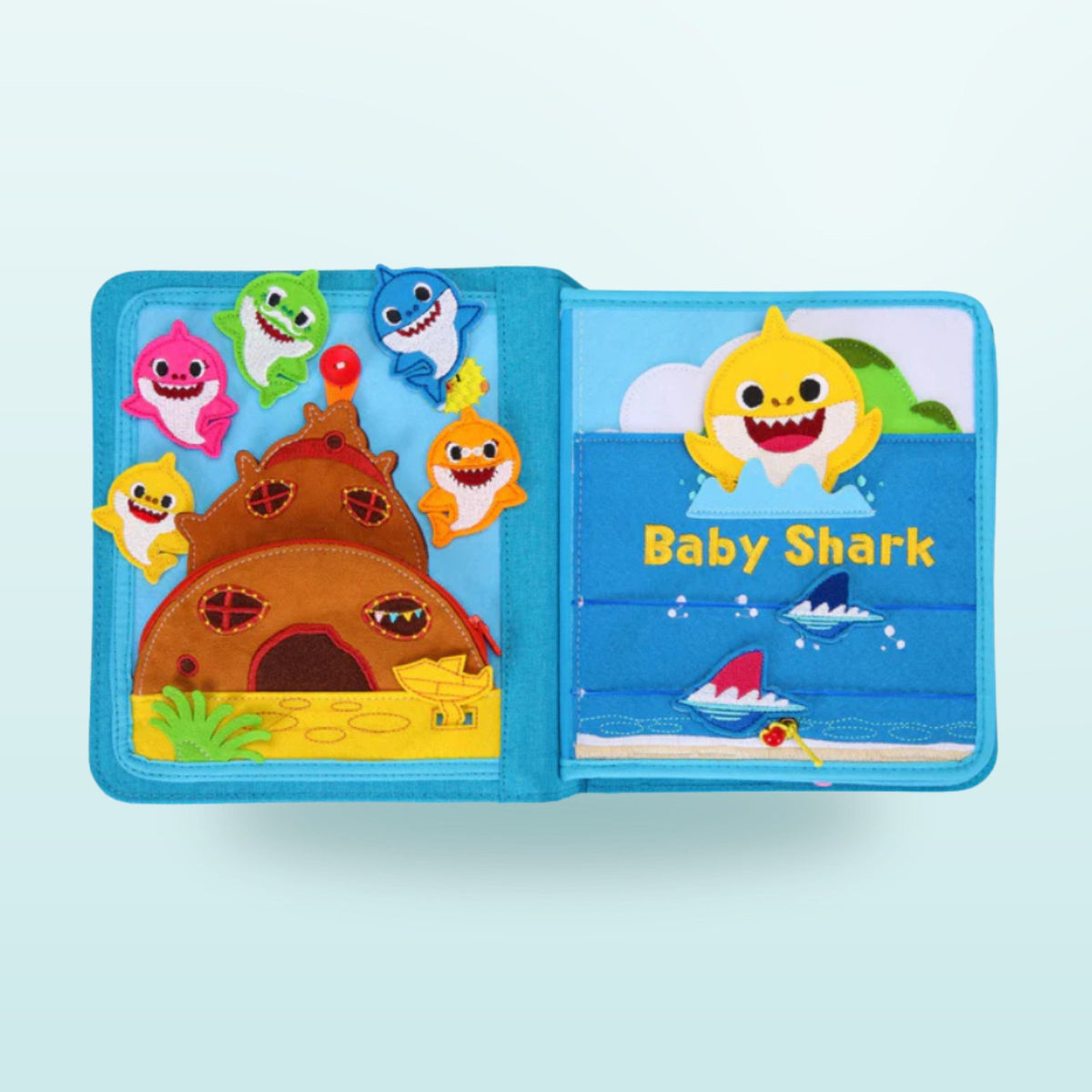 Baby Shark quiet book double page with shark family at the underwater house and Baby Shark cover page on a soft sea background – from 3 years