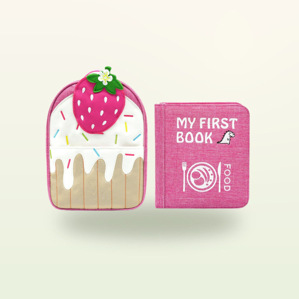 Little Foodies Montessori quiet book with matching strawberry backpack on a soft cream background – from 1 year
