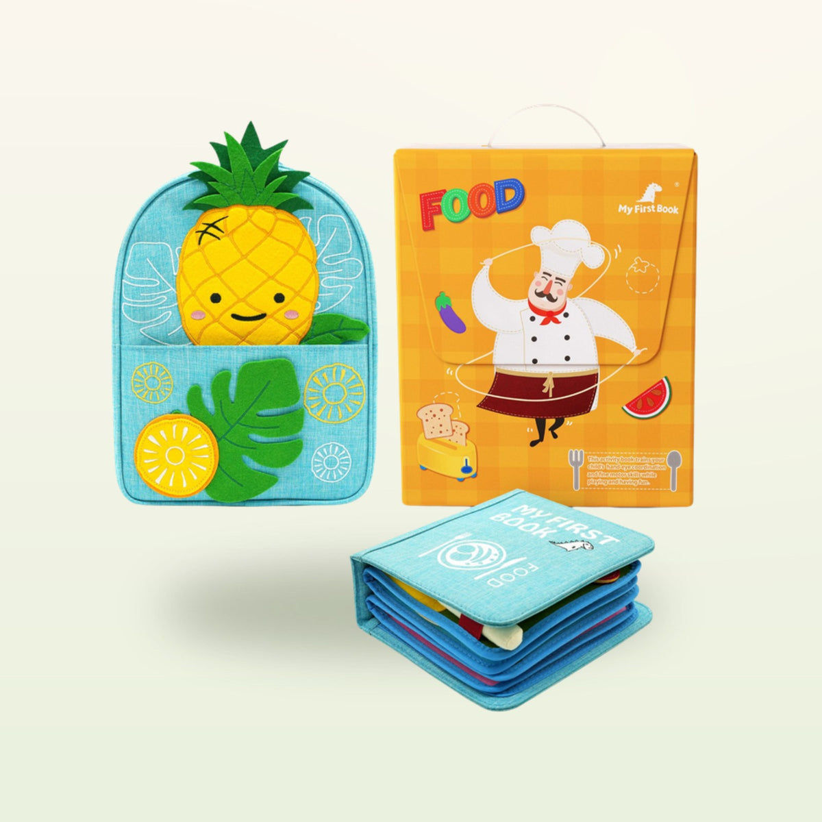 Little Foodies Montessori quiet book with backpack and gift packaging on a soft cream background – from 1 year