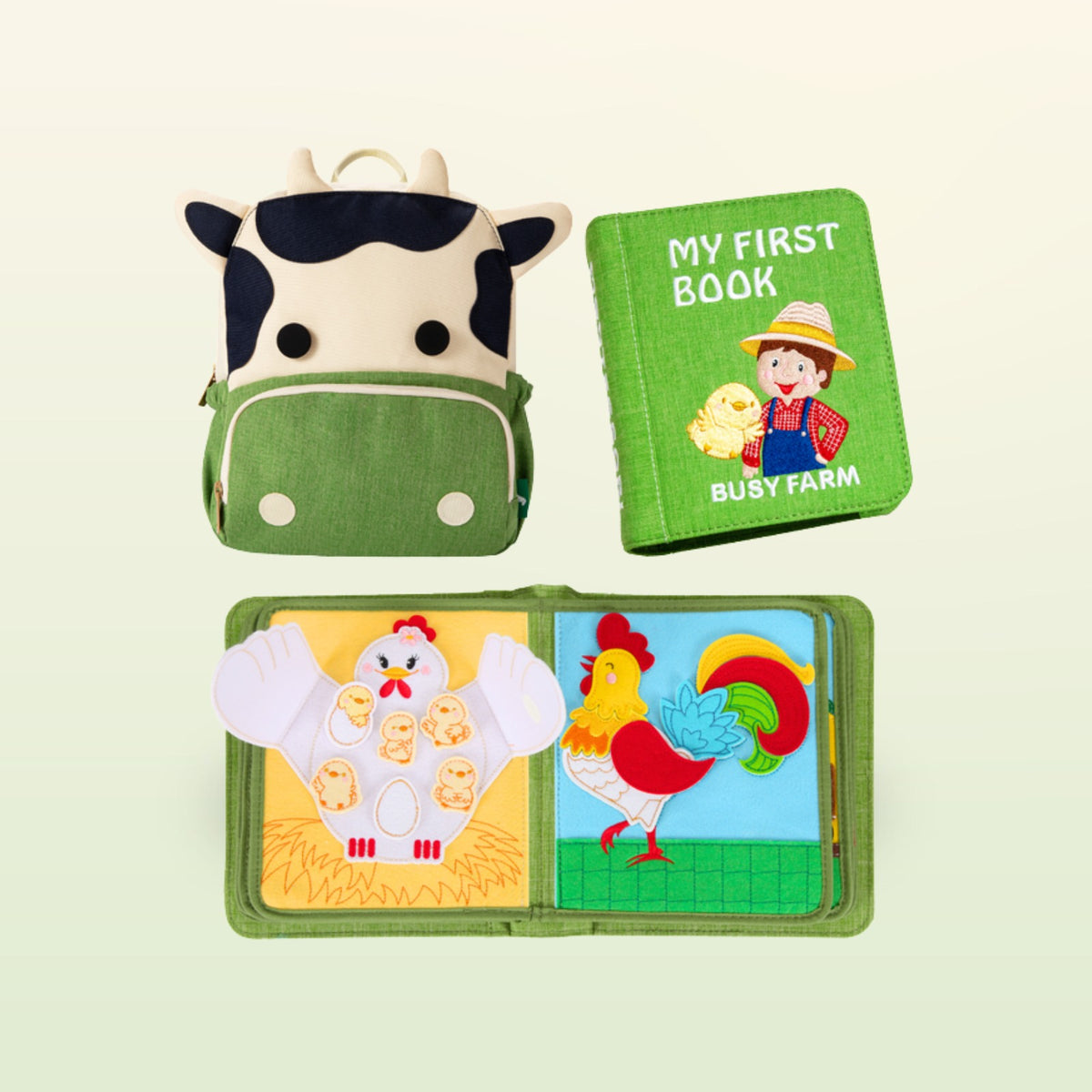 My First Book farm quiet book – backpack, book and hen page on a soft meadow background, complete set from 3 years