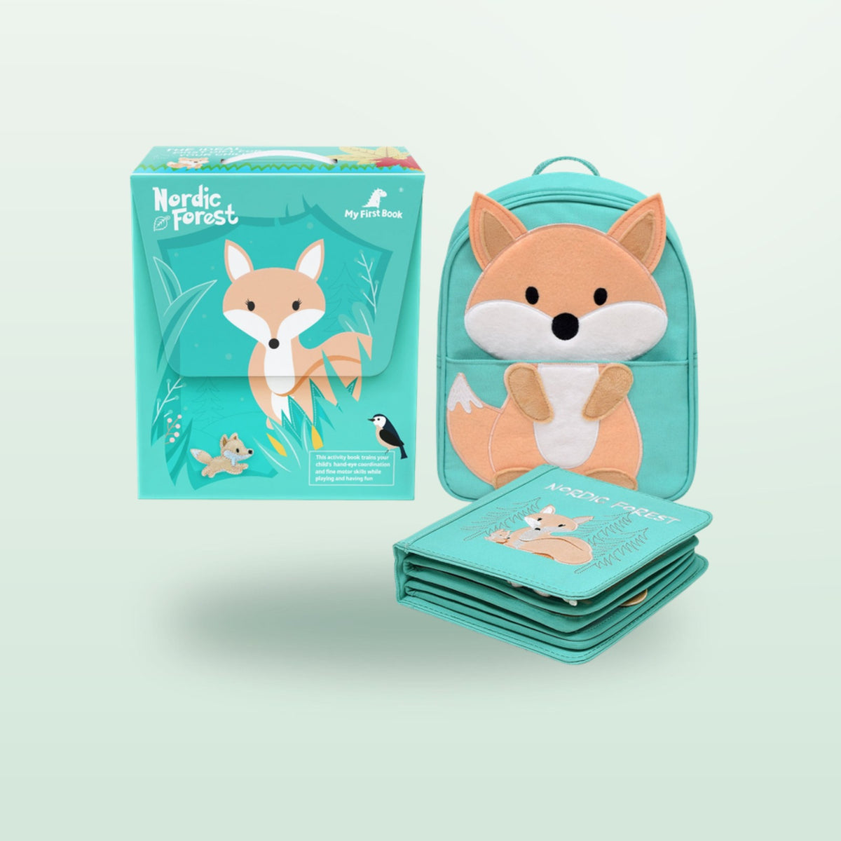 Nordic Forest quiet book as a gift set with fox backpack and gift box on a soft forest background – from 1 year