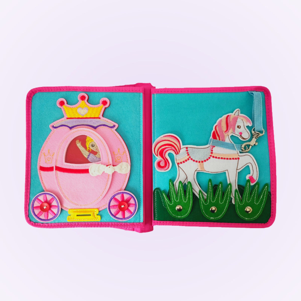 Princess quiet book double page with carriage and rocking horse on a soft lavender background – from 3 years