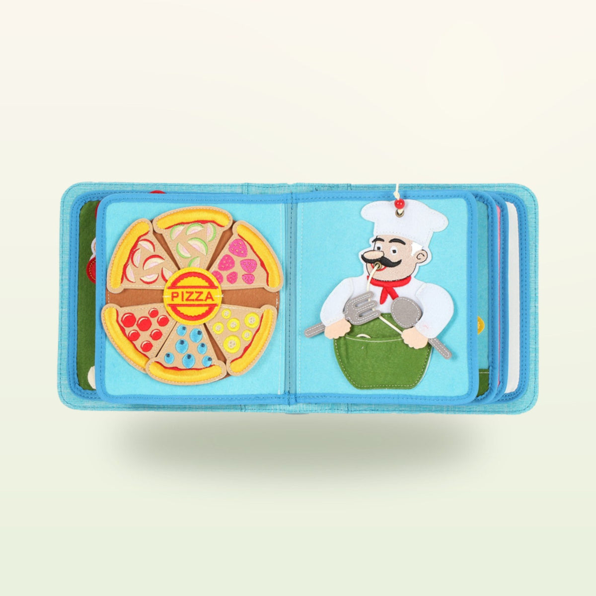 Little Foodies quiet book page with felt pizza to top and chef with pot on a soft cream background – from 1 year