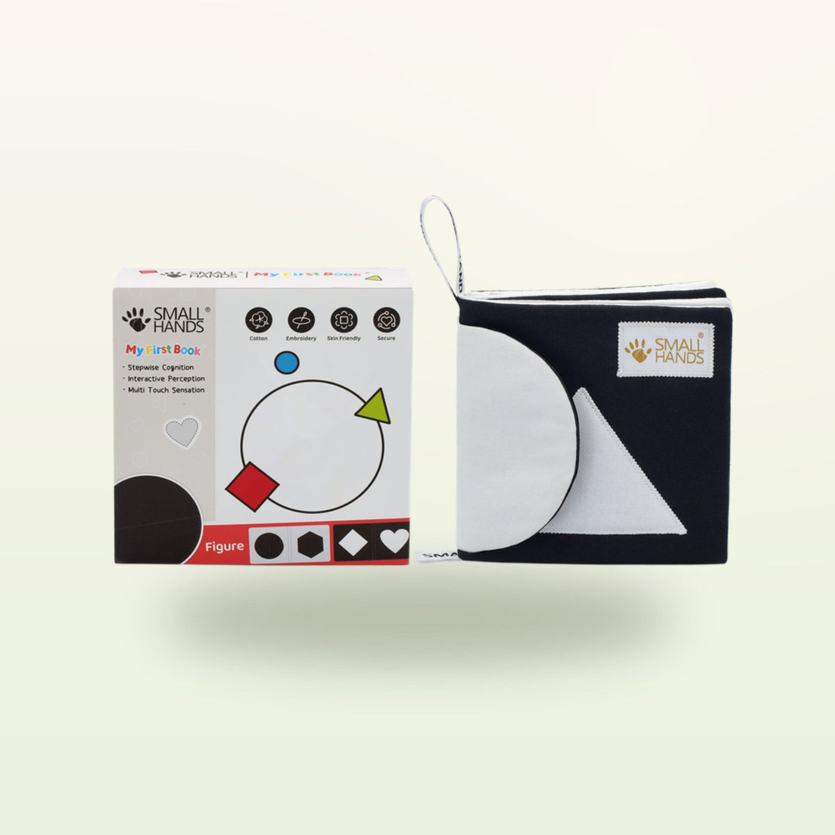 Small Hands Shapes Montessori contrast book for newborns – packaging with book on a soft cream background – from 0 months